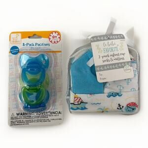 Newborn Baby Gift Bundle 2 Hats Socks Mittens + 3 Silicone Pacifiers 0+